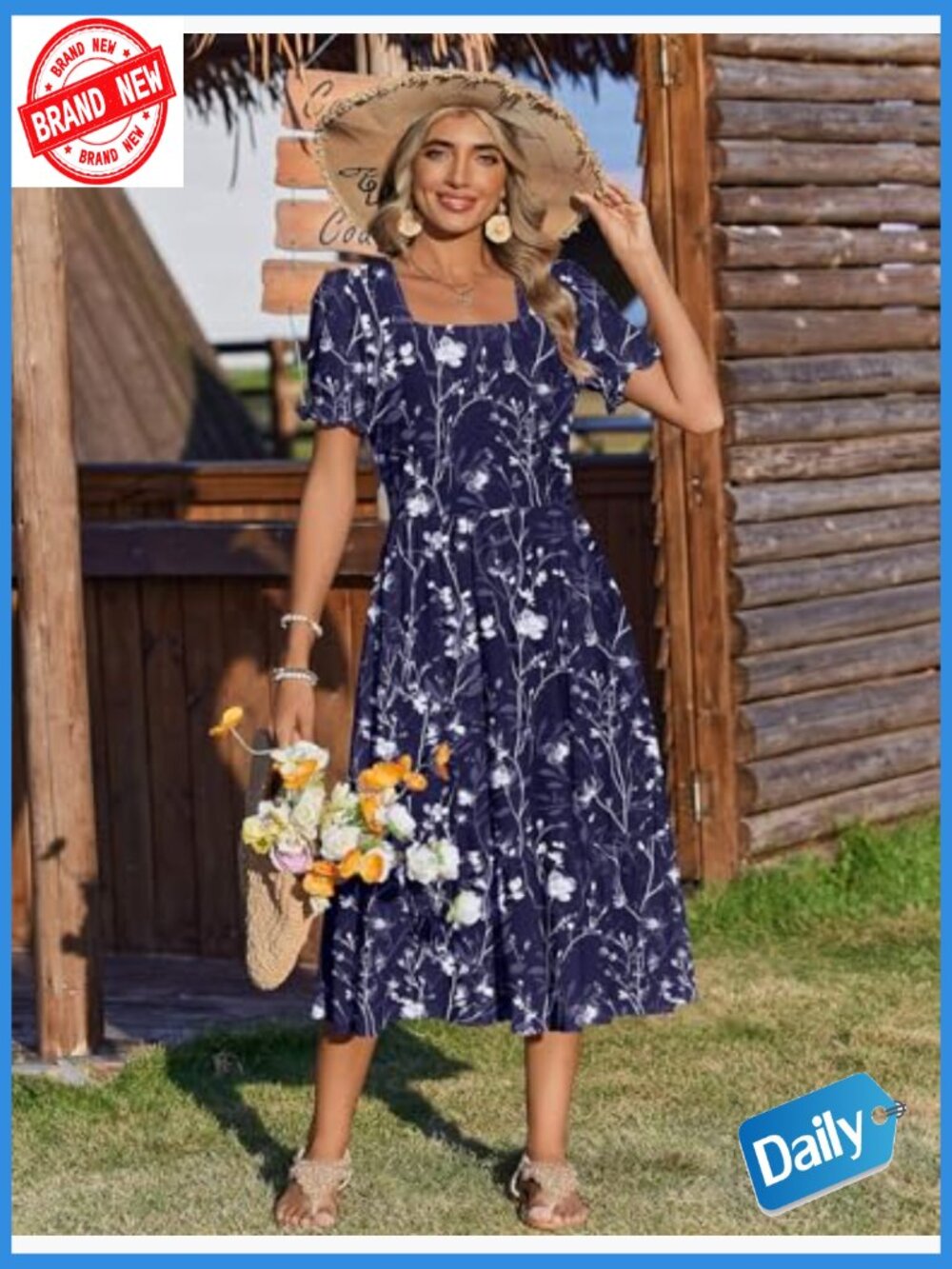 Flowy Midi Dress with Pockets Short Sleeve Square Neck Tiered Swing Dress - Picture 3 of 7